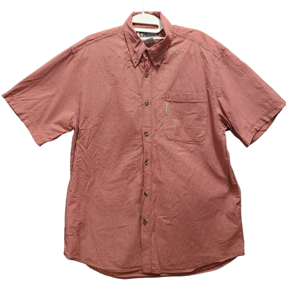 Columbia Mens Button Up Shirt Red Size Medium 100% Cotton Plaid Short Sleeve